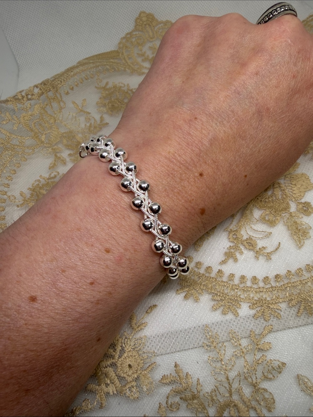 925 Sterling Silver Braided Bead Bracelet Snake Chain Station Bracelet